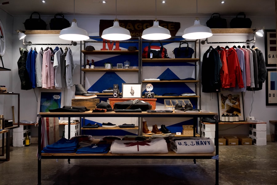 Retail store interior with merchandised shelving and displays